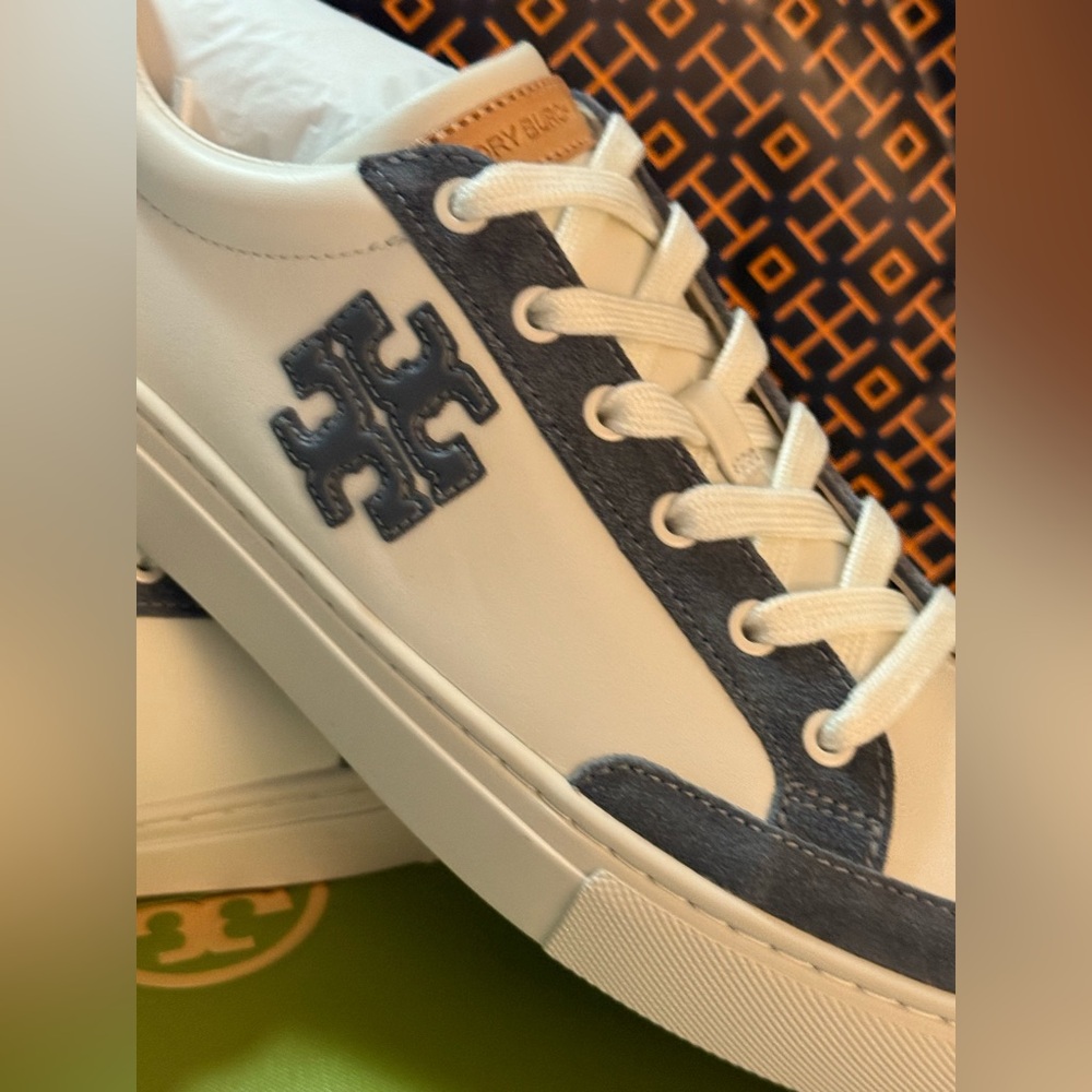 Tory Burch White and Blue Leather Sneakers - Picture 3 of 8